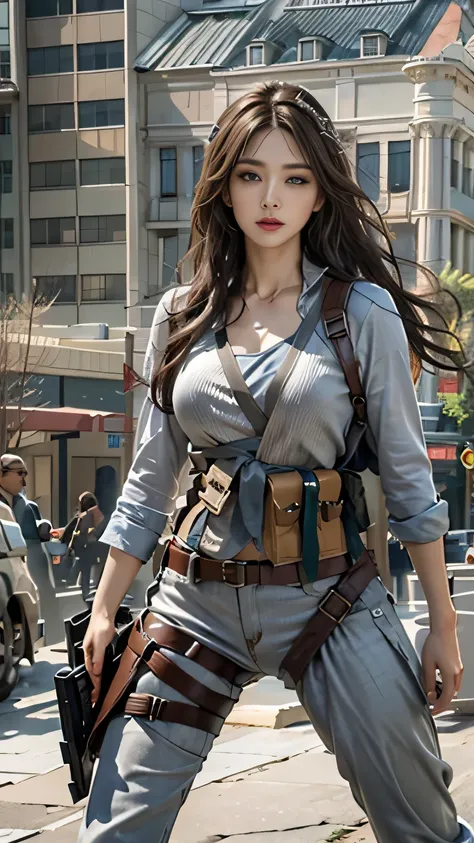 realisticlying, A high resolution, 1人の女性, Alone, hip-up, view the viewer, (详细的脸), long whitr hair, SWAT vests, jewely, medium chest circumference, battlefield outfit, Silver set, Bare belly and shoulders, Bare with thighs, Architectural background, foot on...