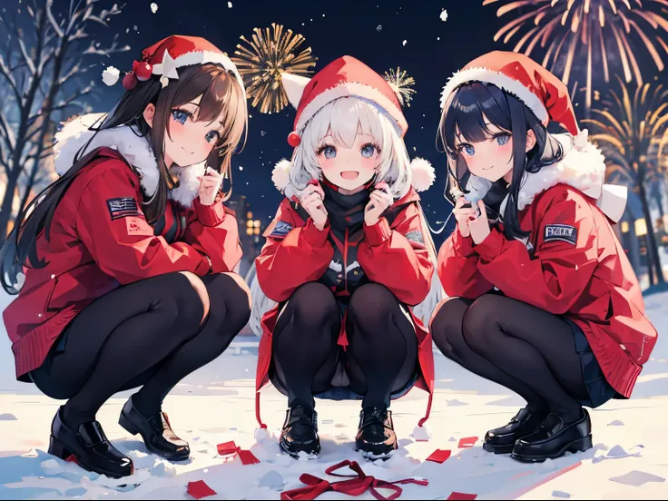 3 girls, squatting, around by snow, Christmas,  new year, holding fireworks, smiles, having fun