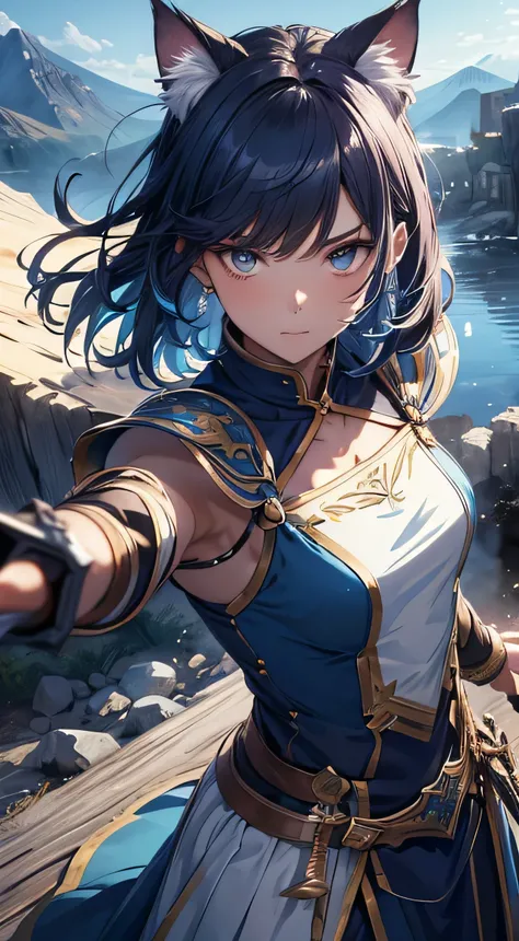 beautiful detail한 소녀, Clear and beautiful, radiant skin, girls, femele, young, 20yo, bobbed hair, short-hair, beautiful detail glass hair, ((Wielding a big sword, Combat posture)) ((colorful blue greek costumes)) beautiful detail, , beautiful-detailed eyes...