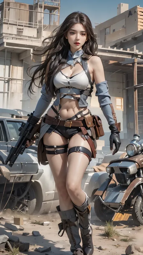 Photorealistic, high resolution, 1 woman, Solo, Hips up, view the viewer, (Detailed face), long hair, SWAT vests, jewelry, medium bust, battlefield outfit, silver outfit, bare stomach and shoulders, bare thigh, building background, walking,,