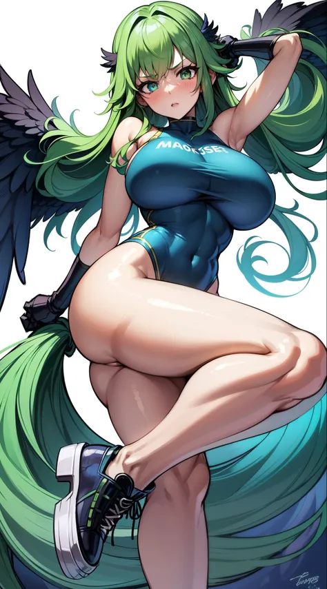 Harpy girl, blue wings, long green hair, slim body, huge breasts, long legs, long one-piece clothing, combat shoes, 8k, hd, masterpiece, white background