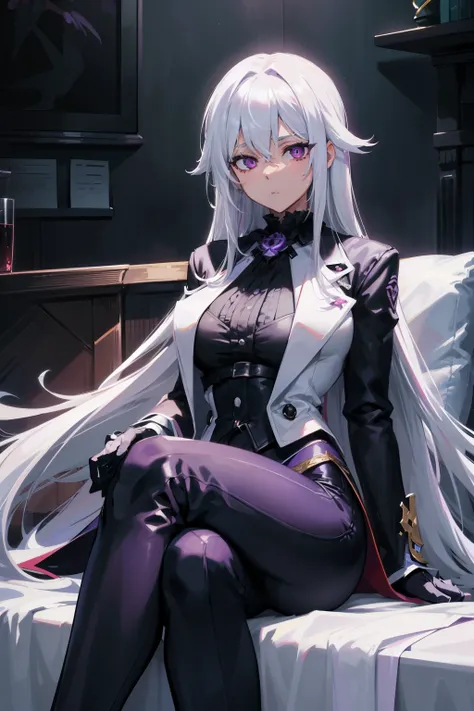 (masterpiece, best quality:1.2), illustration, 8k, hd, 1girl, solo, ((long hair, white hair, purple eye, black coat)), large breasts, black pants, serious expression, tall, mature, elegant, black gloves, indoors, sitting, legs crossed,