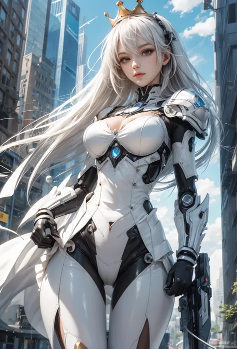 (Detailed illustrations,Very detailed and detailed drawing,Delicate lines with slow and rapid,Realistic texture expression),[Color tressed main line],[Modern city skyscrapers background],(ANIME)(A pure white GIANTROBOT Girl towering over the building area(...