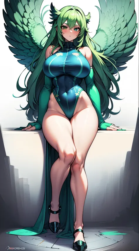 Harpy girl, blue wings, long green hair, slim body, huge breasts, long legs, long one-piece clothing, combat shoes, 8k, hd, masterpiece, full body, white background