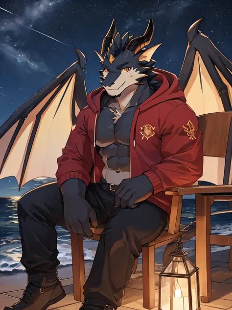 (ByZEphyrus)furry.bara,Fox mixed with dragon 1.3,Black feathers,(star shaped eyes),Has dragon horns 1.0 ,muscular,Dragon wings 1.0 ,Dragon Tail 1.0,Wear a red hoodie,Wear black trousers..,sitting on a chair by the sea,at night,Looking up at the colored bel...