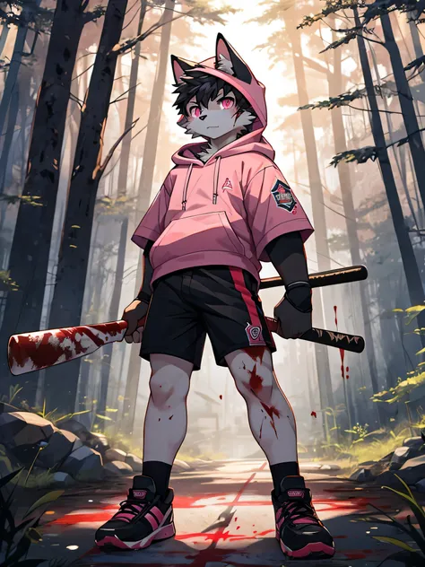 (byzephyrus)furry,bara,shota,white fur cat,pink eyes,wearing a pink hoodie..,black shorts,wear fashion shoes,holding a baseball ...