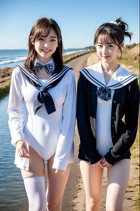 2 girls walking on rural path,winter sea on background,long-sleeved white sailor leotard with plaid bow tie,white leggings,school bag,18-year-old,bangs,a little smile,thighs,short cut hair,low ponytail,hair browing,from below,frontlighting