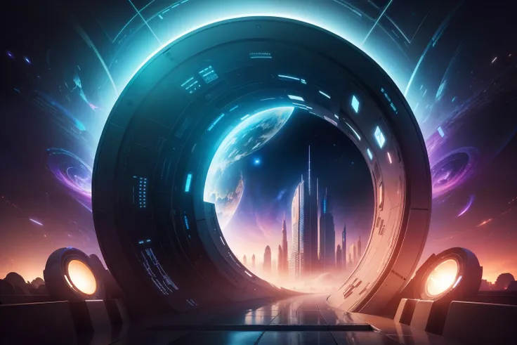 ultrarealistic image of the view through through a tunnel in space time, swirls and glimpses of other places and dimensions, with a ultra futuristic city with hundred of skyscrapper in the background, psytrance artwork, progressive rock album cover, beauti...