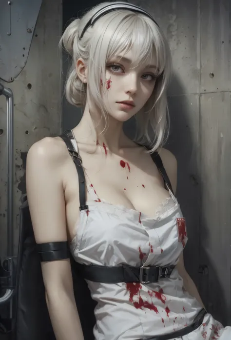 (Detailed illustrations,Very detailed and detailed drawing,Delicate lines with slow and rapid,Realistic texture expression),[Color tressed main line],Inorganic concrete room[Night Hospital],(Japan adult female[28 year old](Zombie Nurse))Hair put together [...