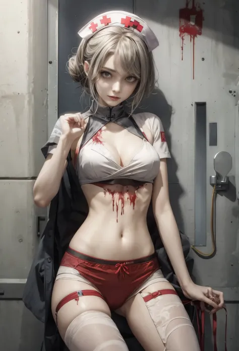 (Detailed illustrations,Very detailed and detailed drawing,Delicate lines with slow and rapid,Realistic texture expression),[Color tressed main line],Inorganic concrete room[Night Hospital],(Japan adult female[28 year old](Zombie Nurse))Hair put together [...