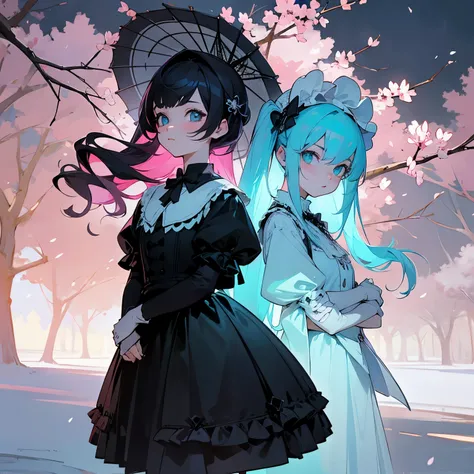 main body: A cute pair of twin girls, both with a kawaii anime style. One twin has a lime green main color, while the other has a light blue main color. Both of them have a cold stare. They are the main characters, with an evil and demonic aura and energy ...