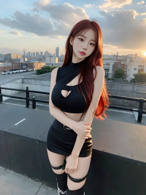 ((best illustration)) korean girl, red hair, teenage body, black top, black tight skirt, black boot, urban landscape, building, skyline, sunset, silhouette against the clouds, contemplative, ((big revealing boobs)), 8k, masterpiece, (sexy looking), (long s...