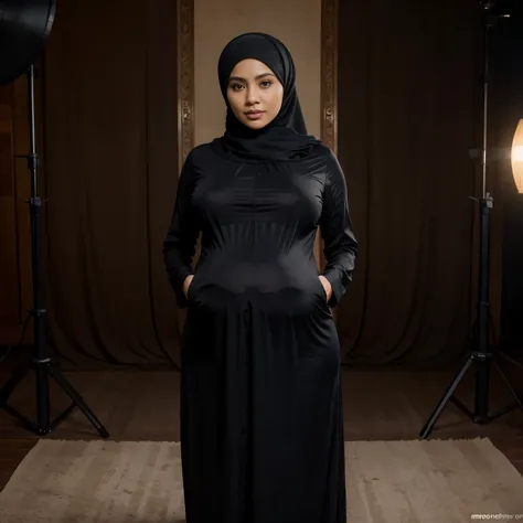 36 years old, Beautiful Indonesian Hijab Milf, Huge tits, Full body, slim body, wearing Burqa, Pregnant, Professional Photo shoot, Ultra Best Quality photo, 32K HDR Raw photo, at studio photo, professional light, depth of field.