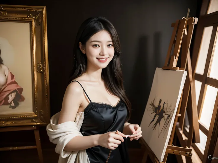 Woman painting oil painting on canvas in atelier,Easel,antique,A smile,,Sweet and seductive appearance.、Caravaggios paintings、Chiaroscuro of Caravaggio,,Cute smile, Expression of ecstasy,erotick,A sexy,Seduce you