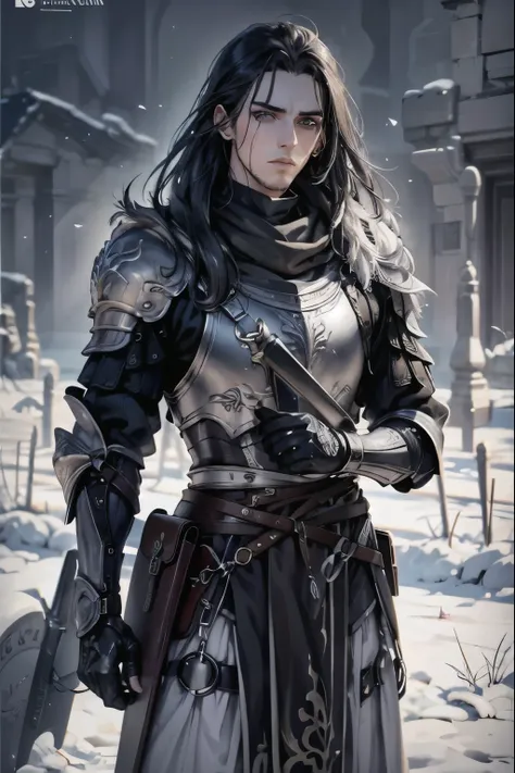 male people, 23years old, tall, the hair: Long black, Handsome, Emotion: apathy, Clothes are: Silver-white armor，without any details, look straight at the camera, white backgrounid, Holding a heavy sword in hand，A handful pinned to his waist，Black leg nail...