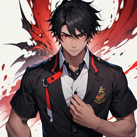 A 16-year-old boy with black hair and red eyes wearing the male UA high school uniform