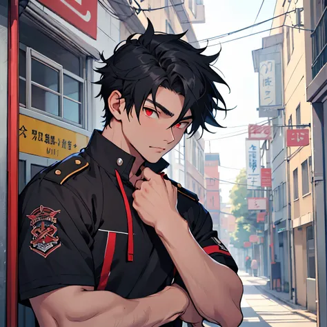 A 16-year-old boy with black hair and red eyes wearing the male UA high school uniform