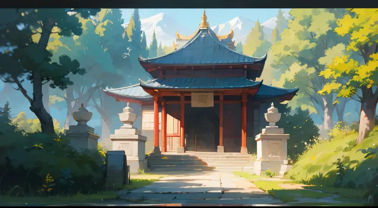 Landscape Illustration Anime painting Luxury large temple In the forest Tomb Gate Mysterious Lake