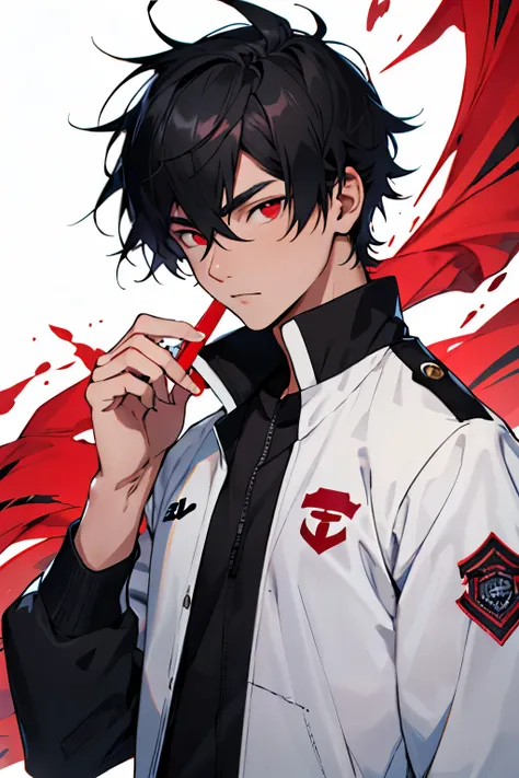 A 16-year-old boy with black hair and red eyes wearing the male UA high school uniform