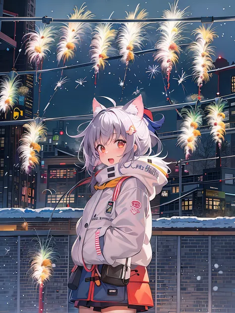 at winter season，1 girl wearing down jacket，standing behind a wall，with his back to the viewer，在夜空中看fire works, The night sky is filled with fireworks, Background image, City night view in the background, fire works在背景中, illustratio, Warm and joyful atmosp...