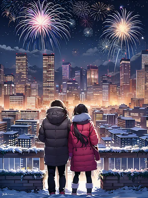 at winter season，(A cute couple, wearing down jackets, cuddling together, standing behind the wall, with their backs to the audience)，Watch fireworks in the night sky, The night sky is filled with fireworks, (skyscrapper，City night view in the background, ...