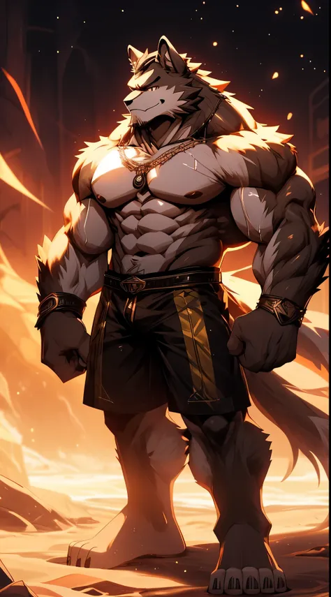 werecreature， Male，Black hair，Golden pupils，musculature，musculature特别发达，Strong body，The pectoral muscles are well developed，Protruding abs，sexy for，lean meat，Wearing only a pair of swimming trunks，White thong-bottoms，crotch，(crotch部巨大)，((crotch部凸起巨大：1.8))，...