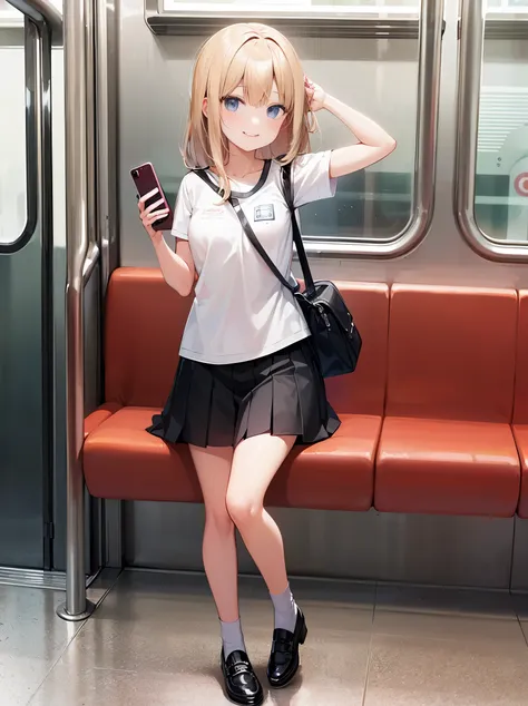 little girl, using a smartphone on a subway train， full body photo，mature girl, ​masterpiece, cool smile,