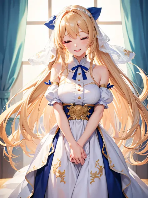 美しいa blondのTwo-side-upのヘアスタイル、a blond、Two-side-up、absurderes、Pure white long dress、Emphasis on the chest、Blue Ribbon、Eyes closed、This is a very large and beautiful sapphire brooch.、Cute young lady、A beautiful smile with great attention to detail、I have my ...