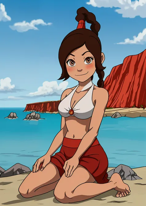 [Ty Lee], [Avatar the Last Airbender], ((masterpiece)), ((high res)), ((HD)), ((solo portrait)), ((full body)), ((feet visible)), ((anime)), (beautiful render art)), ((detailed shading)), {attractive; (brown hair), (long braided ponytail), (cute brown eyes...