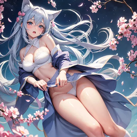 Kyoto Animation Style, Whole body, Back, {{{{thick thighs}}}}, {{Looking down}}, {{{{{{sweat drop}}}}}}, {Perfect female body}, Beautiful detailed girl, 20 years old, long hair blown up, curlyhair, Parted bangs, pale blue hair, beatiful detailed hair, extr...