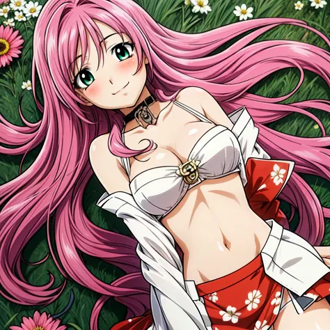 1 Women, 28 years old, long pink hair, green eyes with slit pupils, Floral kimono, off shoulders, a miniskirt, red blush, flower field, sexy, perfect body,  Make eye contact with the camera, (light_Smile:1.5),