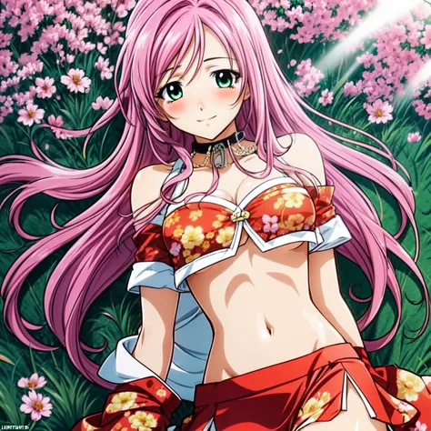 1 Women, 28 years old, long pink hair, green eyes with slit pupils, Floral kimono, off shoulders, a miniskirt, red blush, flower field, sexy, perfect body,  Make eye contact with the camera, (light_Smile:1.5),