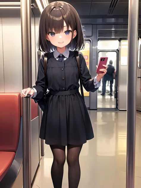 little girl, using a smartphone on a subway train， full body photo，mature girl, ​masterpiece, cool smile,