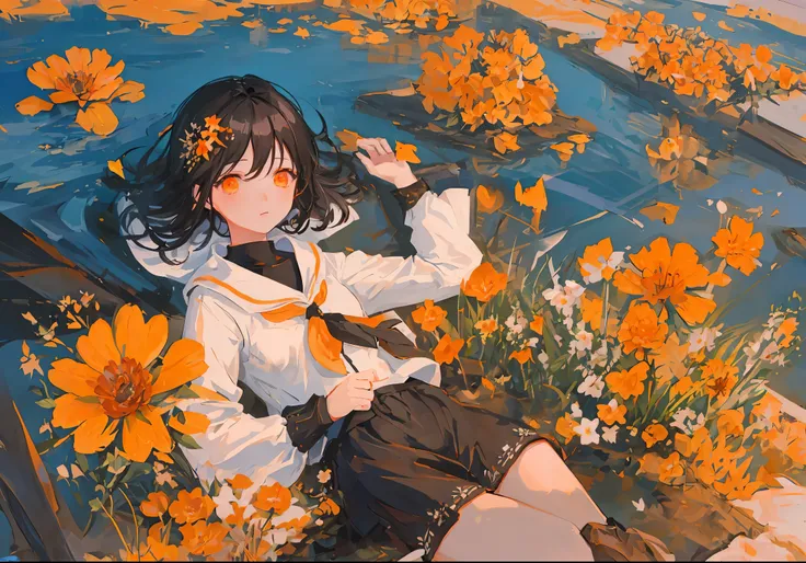 masterpiece, best quality, ultra-detailed, illustration, detailed orange eyes, 1girl, short black hair, Flower sea full of spring atmosphere, beautiful sky