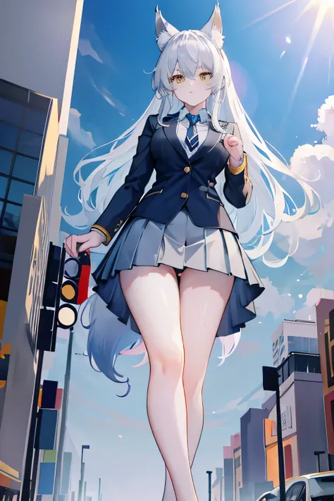 One lady　Detailed description　Best Quality　very tall stature　Wolf ears and tail　skin color is white　Beautiful yellow eyes　Silver hair with highlights　Beautiful thin thighs　a cool　Meat in the golden ratio　school blazer　School Shirts　skirt by the　neck tie　lo...