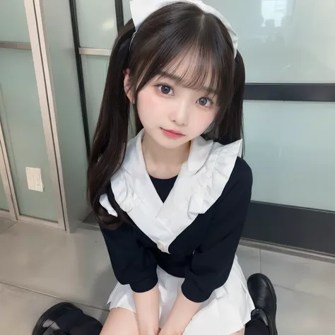 a sailor suit、a miniskirt、a picture、​masterpiece、top-quality、(1 Girls dark eyes and black hair)、Miraculously pretty girl, japanes, （ 15yo student,）、a miniskirt、清楚なa sailor suit、White High Socks、Loafer shoes、(a miniskirtスイングセクシーラウンド:  1.3)、(白い急降下a sailor su...