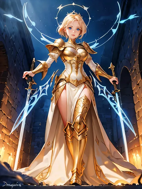 medieval Europe, female general, (drooping eyes, realistic skin), angle from below, giant long sword on her back, (((glowing aura, radiant light, shimmering outline))), castle corridor outside, silent night place,