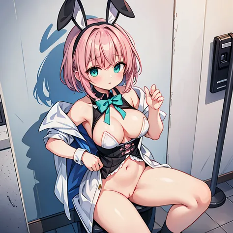 Cute girl with doll body, body is made of metal, short and pink haired, with green bunny ribbon on her head, no clothes and showing her boobs and pussy, shes in a bathroom