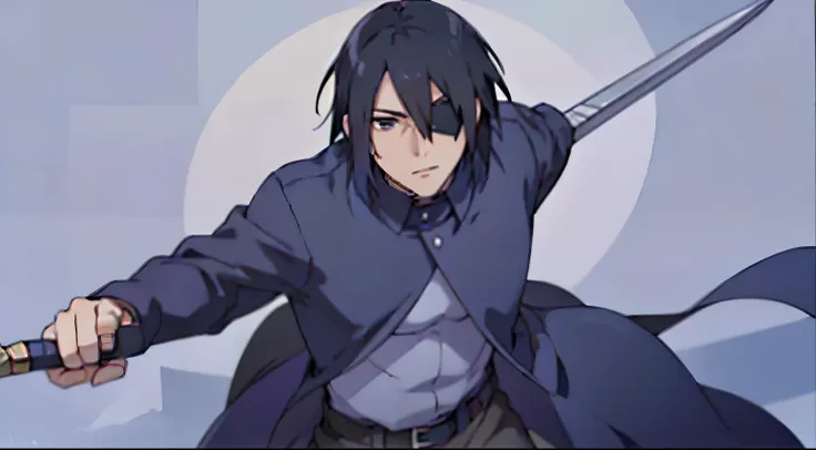 full body, black-haired character standing, he has an eye patch covering his left eye, black clothes, he has a sword