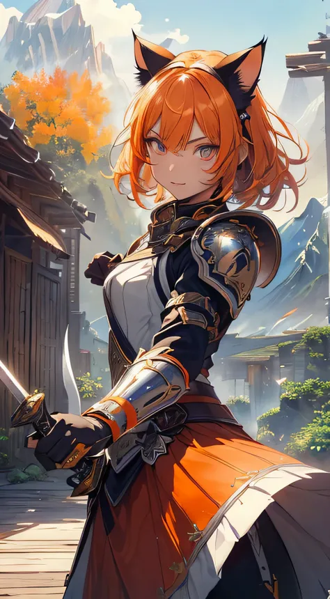 Beautiful detailed girl, Clear and beautiful, radiant skin, girls, femele, young, 20yo, bobbed hair, short-hair, beautiful detail glass hair, ((큰 Wielding the sword, Combat posture)) ((european armor , Clothing color combination of black and orange, beauti...