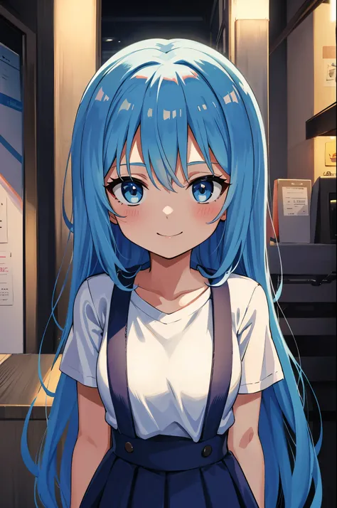 Winters.girl with.light Blue hair.long hair.a junior high school student.short stature.a smile.Look at viewers.up chest.big breasts.suspender.White T-shirt.skirt