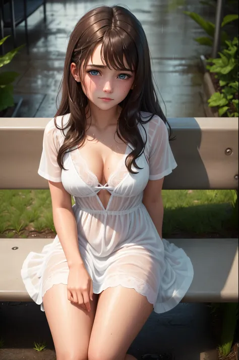 {there is a young girl sitting on a city bench in the rain.. she is beautiful, and attractive. she is wearing a white summer dress. her dress is extremely wet and is transperant from the rain, revealing her bra and underwear. she has beautiful long brown h...