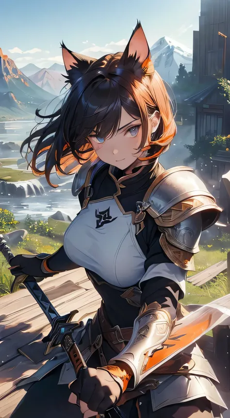 Beautiful detailed girl, Clear and beautiful, radiant skin, girls, femele, young, 20yo, bobbed hair, short-hair, beautiful detail glass hair, ((큰 Wielding the sword, Combat posture)) ((european armor , Clothing color combination of black and orange, beauti...