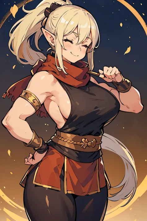 elf,ponytail,blonde hair,monk,leggings,white short sweater,fantasy,medieval,brown gloves,punch,1girl,solo,scarf,big breast,lady,close eyes,muscular,ladyboy,bar,smile,kind,sexy,muscle,knuckle,older sister