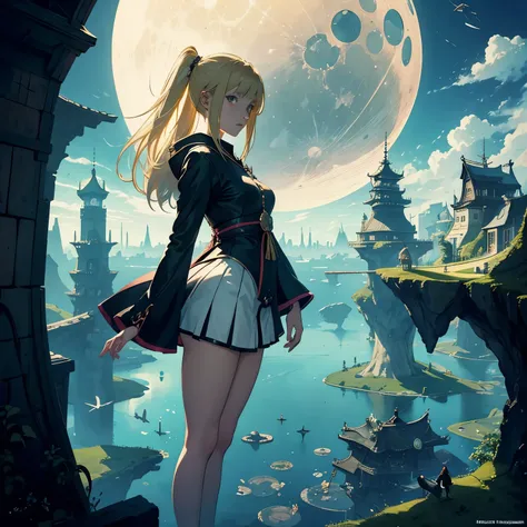 Hieronymus Bosch, Margaret Anne Suggs, Surreal, mysterious, strange, fantastical, fantasy, Sci-fi, Japanese anime, giant glass moon, praying blonde miniskirt beautiful girl Alice, perfect voluminous body, floating city, detailed masterpiece bird’s eye view...