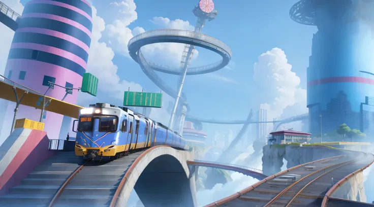 过山车在train track上行驶的特写, metaverse concept-art, many roller coasters, track roller coaster, train track，skyscrapers and concept-art, concept-art, concept-artwork, stylized concept-art, angus mckie, cartoon concept-art, background artwork, concept-art for a v...