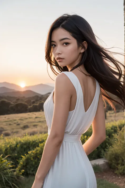 {there is a young girl watching the sunset. she is beautiful, and attractive. she is wearing a white summer dress. she has beautiful long brown hair, and beautiful hazel eyes. she is looking at the sun. she is standing on a top of a grassy hill. there is w...