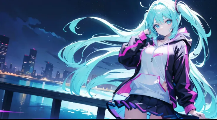 Sexy woman anime style,  neon lights over water, wearing a hoodie, with a skirt, standing on a bridge, neon colors in the sky