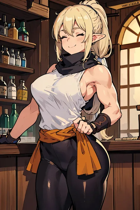 elf,ponytail,blonde hair,monk,leggings,white short sweater,fantasy,medieval,brown gloves,punch,1girl,solo,scarf,big breast,lady,close eyes,muscular,ladyboy,bar,smile,kind,sexy,muscle,knuckle,older sister,punch,sfw,oneesan