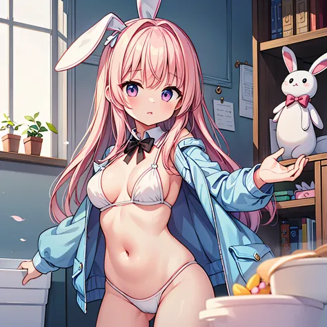 Mobile legends hero, Angela, Cute girl with doll body, body is made of metal, short and pink haired, with green bunny ribbon on her head, no clothes and showing her boobs and pussy, shes in a bathroom